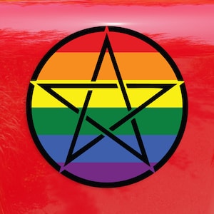 May include: A rainbow-colored pentagram with a black outline, inside a black circle. The pentagram is a five-pointed star with the points extending to the edges of the circle.