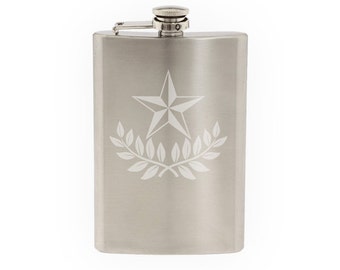 Star Design #1 - Nautical Laurel Leave Wreath Guide- Etched 8 Oz Stainless Steel Flask