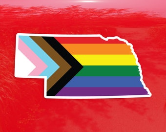 Nebraska State Shape Progress Pride Flag LGBTQ POC Transgender Flag - Vibrant Color Vinyl Decal Sticker