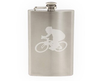 Sports Racing - Bicycling Cyclist Bike Biker version 2- Etched 8 Oz Stainless Steel Flask