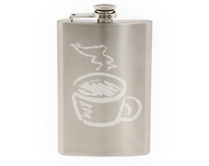 Coffee House Art #1 - Java Shop Mug Cappucino Espresso  - Etched 8 Oz Stainless Steel Flask