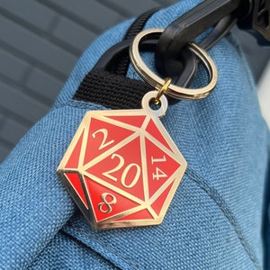 Red and Gold D20 Dice DnD Enamel Keychain with Keyring