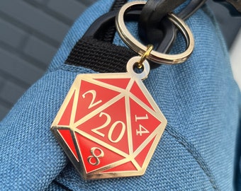 Red and Gold D20 Dice DnD Enamel Keychain with Keyring