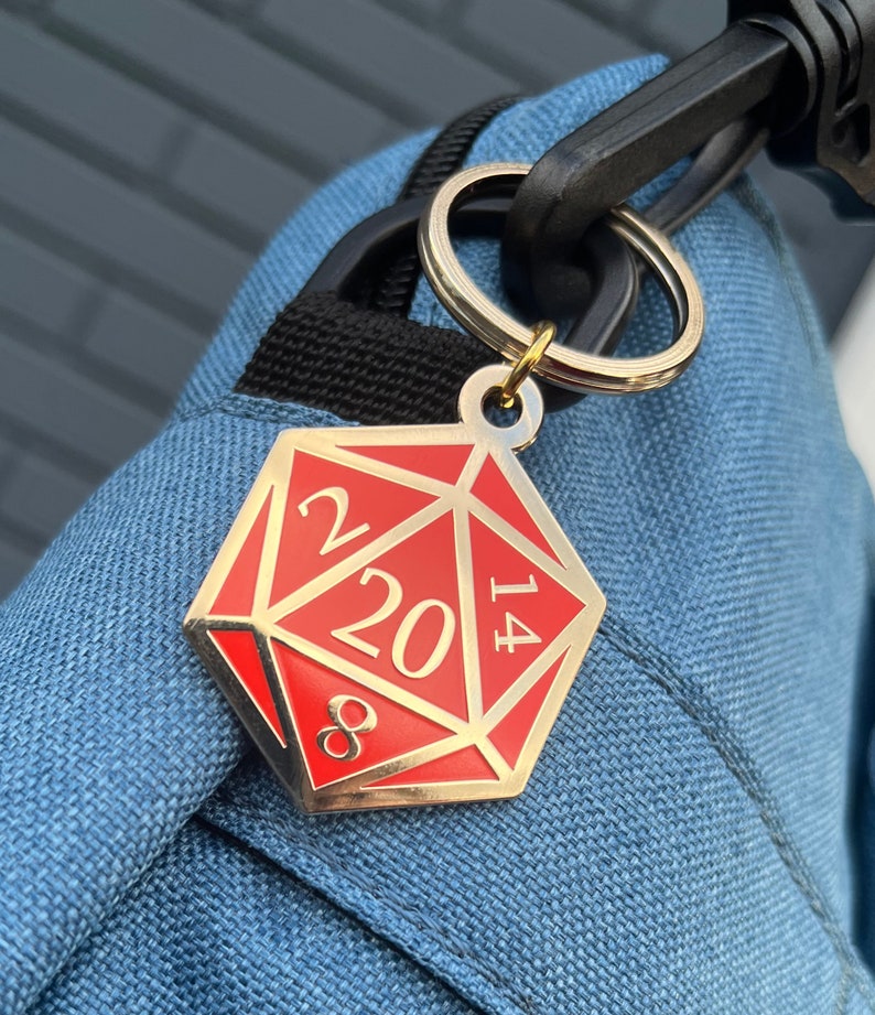 Red and Gold D20 Dice DnD Enamel Keychain with Keyring image 1