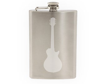 Musician Band - Rockstar Guitar Vintage Style Silhouette- Etched 8 Oz Stainless Steel Flask