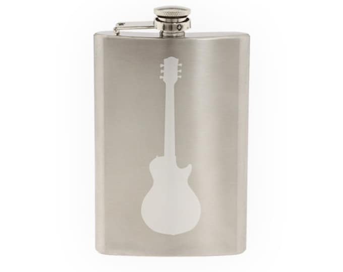 Musician Band - Rockstar Guitar Vintage Style Silhouette- Etched 8 Oz Stainless Steel Flask