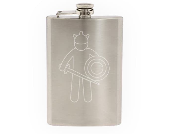 Medieval Stickman #7 - Knight Sword and Round Shield- Etched 8 Oz Stainless Steel Flask