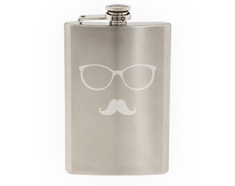 Glasses with Mustache #6 - Hipster Style Fancy Goofy- Etched 8 Oz Stainless Steel Flask