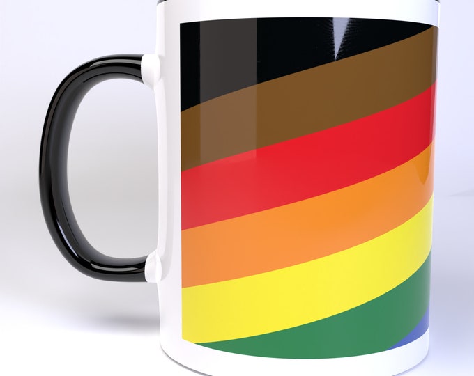 Tilted Inclusive Pride Flag Wraparound Design - 11 Ounce Ceramic Coffee Mug Teacup Black or White Handle