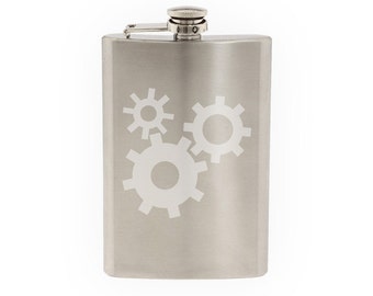 Engineering #3 - Gears Cogs Wheels Building Icon Symbol- Etched 8 Oz Stainless Steel Flask