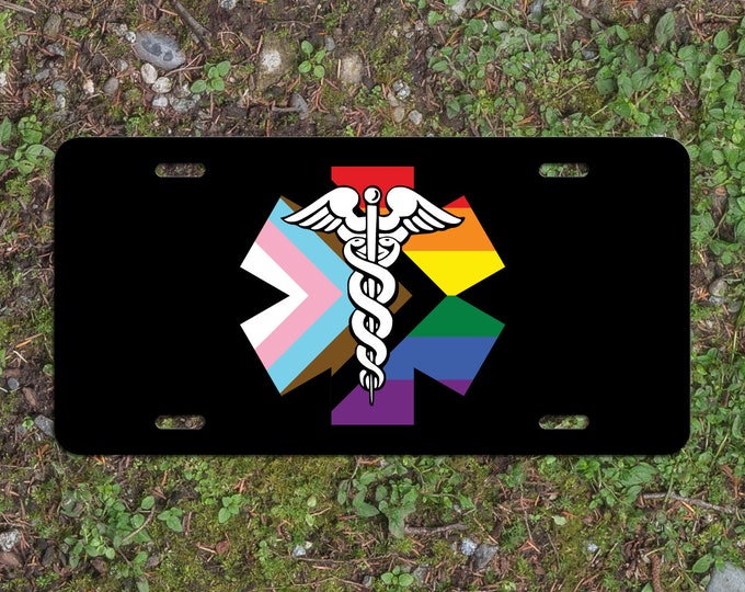 Caduceus Progress Pride Flag LGBTQ POC Transgender Flag Medical Personnel - Vibrant Color Aluminum License Plate (Black Plate)