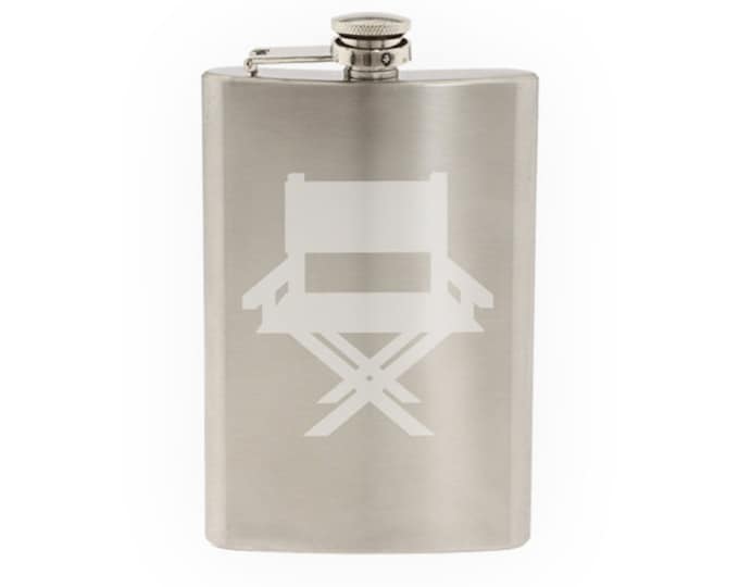 Cinema Home Theater Pt. 3- Director Chair Silhouette - Etched 8 Oz Stainless Steel Flask
