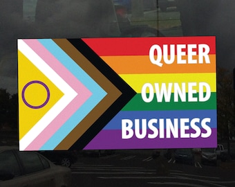 Queer Owned Business Intersex Progress Pride Flag LGBTQ POC Trans White Text - Vibrant Static Cling Window Cling - Indoor or Outdoor!
