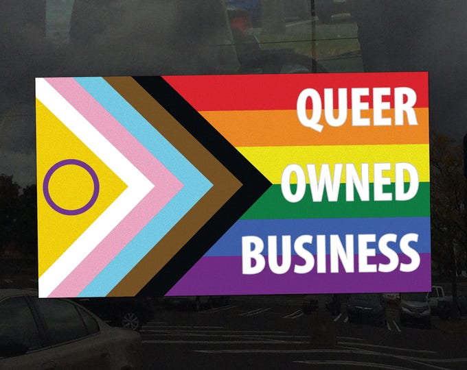 Queer Owned Business Intersex Progress Pride Flag LGBTQ POC Trans White Text - Vibrant Static Cling Window Cling - Indoor or Outdoor!