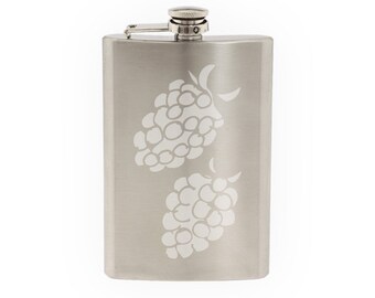 Fruit Doodle #4 - Raspberries Art Cooking Restaurant- Etched 8 Oz Stainless Steel Flask