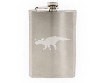 Dinosaur Silhouette #12 - Triceratops Horned Skull Dino  - Etched 8 Oz Stainless Steel Flask