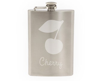 Produce Market #3 - Cherry Stem Fruit Sweet Wild Sour- Etched 8 Oz Stainless Steel Flask