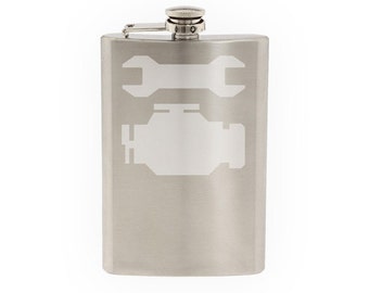 Car Garage Art #4 - Wrench Engine Maintenance Symbol - Etched 8 Oz Stainless Steel Flask