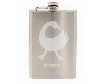 Adinkra Akan #9 - Wisdom Bird African Sign Symbology- Etched 8 Oz Stainless Steel Flask