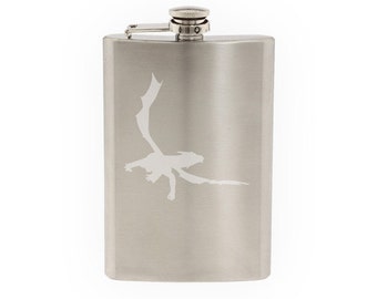 Dragon Mythology #7 - Winged Fire Serpent Tattoo Symbol   - Etched 8 Oz Stainless Steel Flask