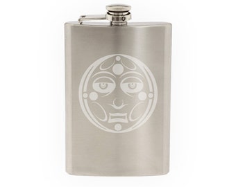 Ancient Ornament- Aztec Mayan Moon Spirit Tribal Face   - Etched 8 Oz Stainless Steel Flask
