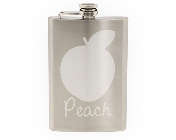Produce Market #8 - Peach Fruit Nectarine Silhouette- Etched 8 Oz Stainless Steel Flask