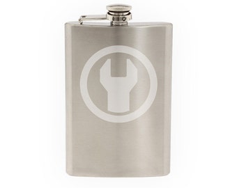 Car Garage Art #8 - Wrench Engine Maintenance Symbol- Etched 8 Oz Stainless Steel Flask