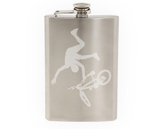 Extreme Sports #1 - BMX Biker Trick Bicycle motocross - Etched 8 Oz Stainless Steel Flask