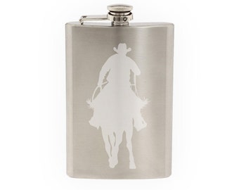 Cowboy silhouette #4 - Gunslinger Horseback Shootout- Etched 8 Oz Stainless Steel Flask