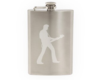 Musician Band - Rockstar Guitarist Silhouette Shadow V.4- Etched 8 Oz Stainless Steel Flask