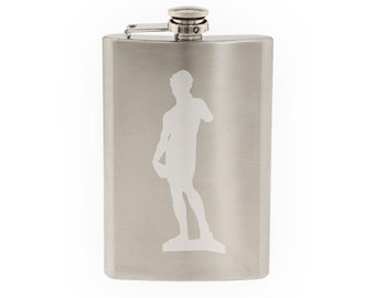 Famous Statue #3- Michelangelo David Rome Renaissance Bible - Etched 8 Oz Stainless Steel Flask