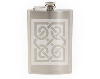 Celtic Pattern #6- Knot Square Medallion Irish Heritage   - Etched 8 Oz Stainless Steel Flask