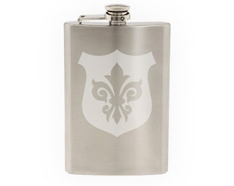 Fleur de lis #3 - Family Shield Lily Flower Heraldic  - Etched 8 Oz Stainless Steel Flask