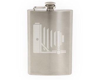 Photography #5 - Vintage Film Camera Side Silhouette   - Etched 8 Oz Stainless Steel Flask