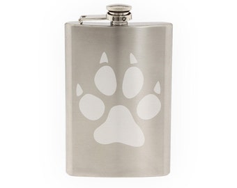 Animal Foot Print #2 - Dog Paw Pet Walk Training Play- Etched 8 Oz Stainless Steel Flask