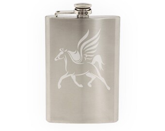 Greek Mythology - Pegasus Winged Horse Version 4- Etched 8 Oz Stainless Steel Flask
