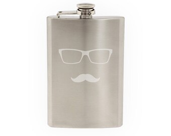 Glasses with Mustache #5 - Hipster Style Fancy Goofy- Etched 8 Oz Stainless Steel Flask