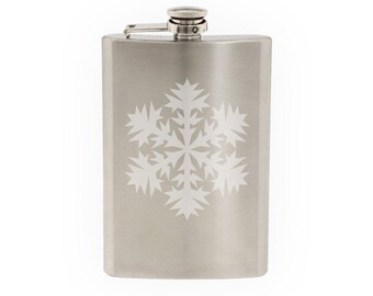 Snowflake Pattern #6 - Winter Art Christmas Decoration  - Etched 8 Oz Stainless Steel Flask