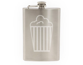 Cinema Home Theater Part 7 - Popcorn Box Cartoon Style - Etched 8 Oz Stainless Steel Flask