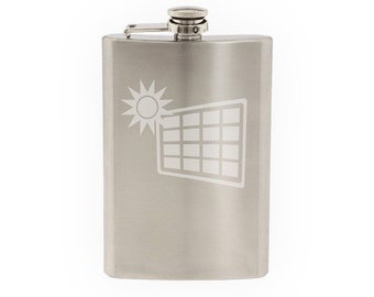 Industrial #11 - Solar Panel Clean Energy Sun Power- Etched 8 Oz Stainless Steel Flask