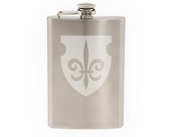 Fleur de lis #1 - Family Shield Lily Flower Heraldic  - Etched 8 Oz Stainless Steel Flask