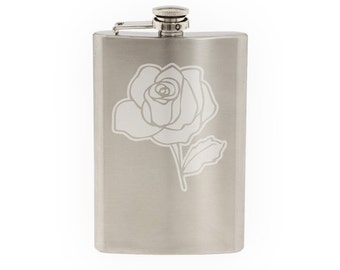 Love Doodle Art #12- Rose Floral Decor - Valentine - Etched 8 Oz Stainless Steel Flask