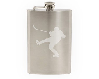 Hockey Silhouette- Player Varsity Professional League #9- Etched 8 Oz Stainless Steel Flask