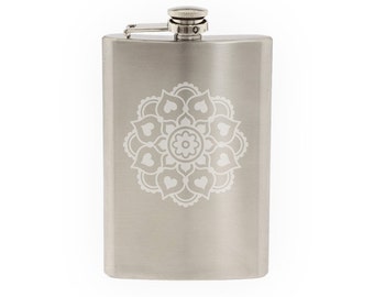 Indian Ethnic Design #2 - Flower Floral Beauty Tribal Style - Etched 8 Oz Stainless Steel Flask