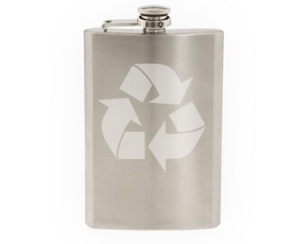 Industry #10 - Reduce Reuse Recycle International Logo- Etched 8 Oz Stainless Steel Flask