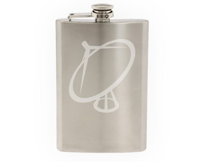 Industry #11 - Satellite Dish Signal Receiver Art Style- Etched 8 Oz Stainless Steel Flask