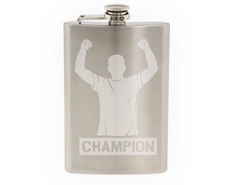 Sports Fan - Champion Team Football Baseball Hockey - Etched 8 Oz Stainless Steel Flask