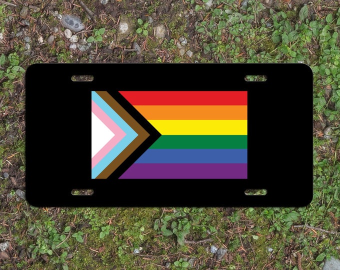 Progress Pride Flag LGBTQ POC Transgender Flag - Vibrant Color Aluminum License Plate (Black Plate)