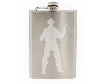 Cowboy silhouette #3 - Gunslinger Duel Draw Shootout - Etched 8 Oz Stainless Steel Flask