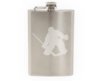 Sports Silhouette - Hockey Goalie Save- Etched 8 Oz Stainless Steel Flask